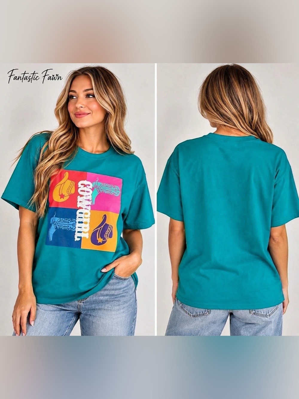 NWT Fantastic Fawn Oversized Cowgirl Graphic Tee Women’s Small Teal Western Shir
